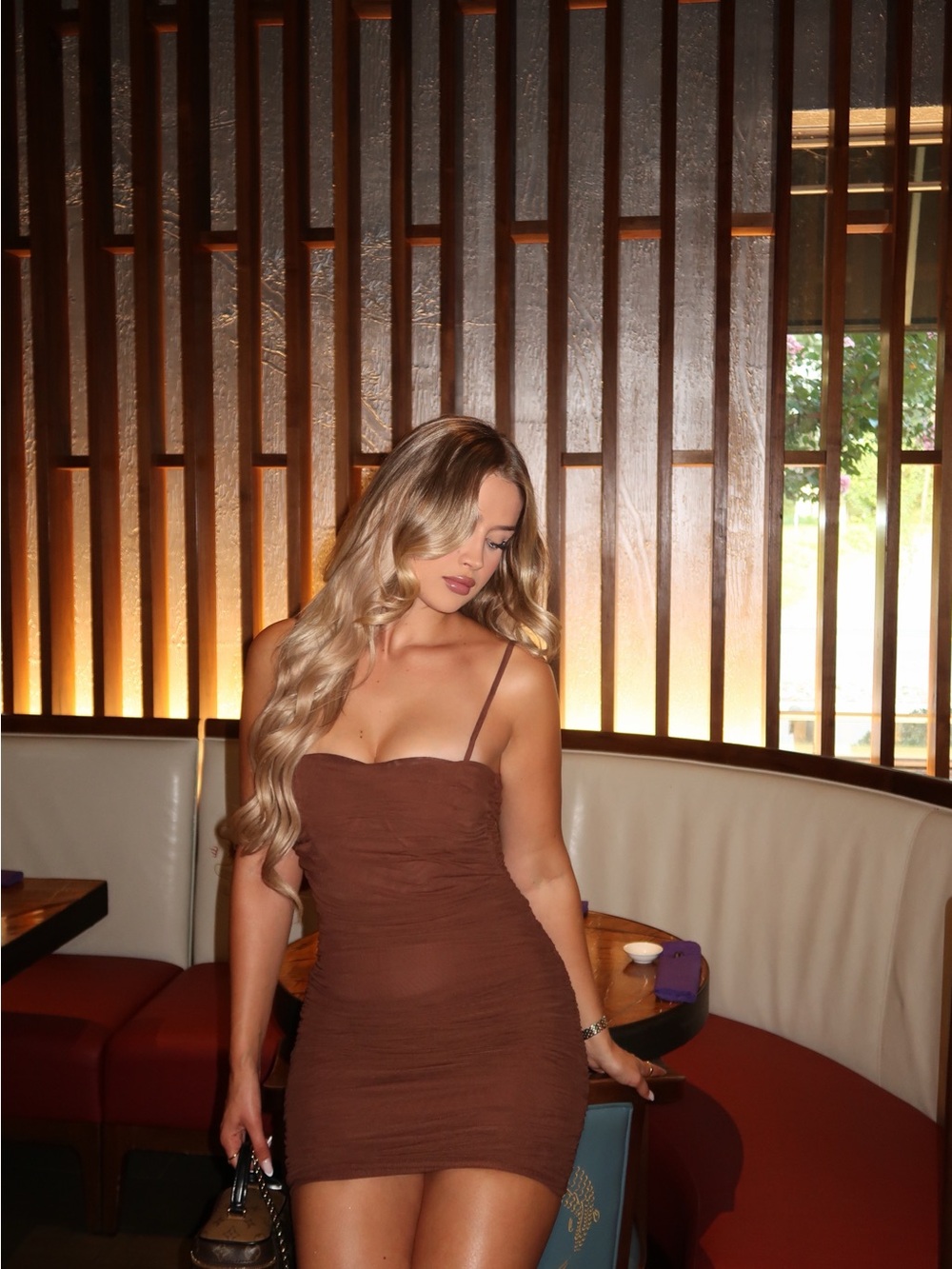 Brown Spaghetti-Strap Bodycon Mini Dress - Picture 2 of 5